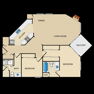 Two Bedroom, Two Bathroom, 1080 sq. ft.