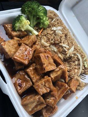 General Tso's Tofu dinner with veggie fried rice (Vegan)