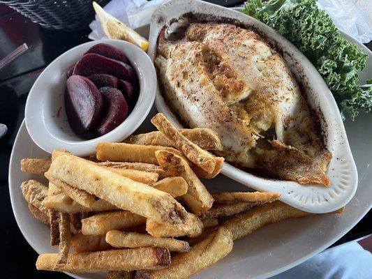 flounder, stuffed with crab imperial; side of pickled beets & fries