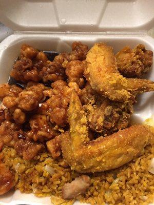 Two entree combination special with wings and general Tso's. Again egg roll is off camera.