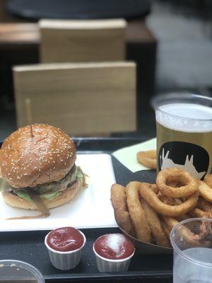 Tipsy burgers and onion rings