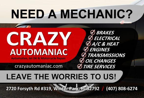 Crazy Automaniac | Auto Mechanics, Motorcycle Repair, Jet Ski Repair, Tire Services & Repair | All Models | Winter Park, Fl | Get 20% Off