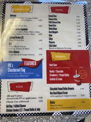 Back of the menu