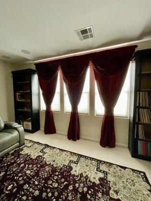 Beaded swags with curtains in a red chenille