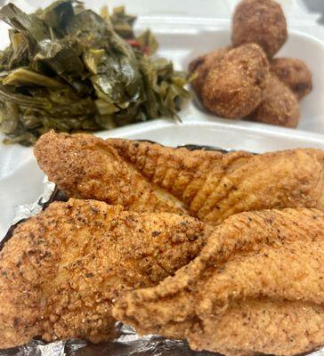 Catfish lunch with hush puppies .