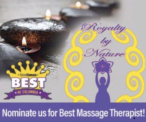 Finalist as the Best Massage Therapist please vote at http://freetimes.secondstreetapp.com/Best-of-Columbia-Voting-Round-2019/