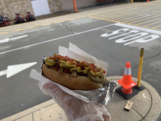 All-Beef Hotdog with Grilled onions, relish, jalapeños, mustard and ketchup