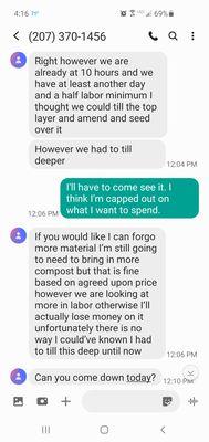 #2 of the text messages trying to explain why the job was going to cost more money. Notice how he said he needed to forgo materials