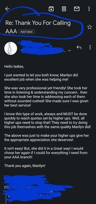 My recommendation email re: Marilyn's excellent job!