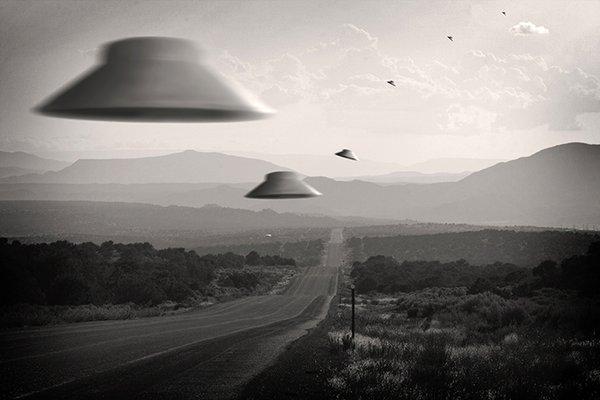 Digital illustration of UFOs i northern New Mexico.