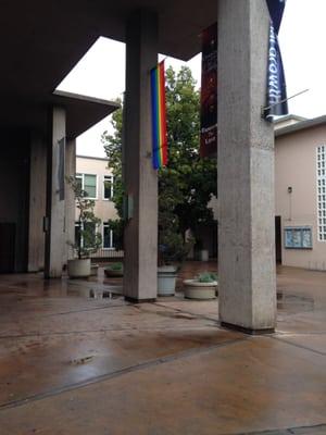 The walkway of First United Methodist Church in Palo Alto.