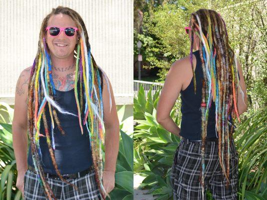 Rainbow dreadlock extensions we installed