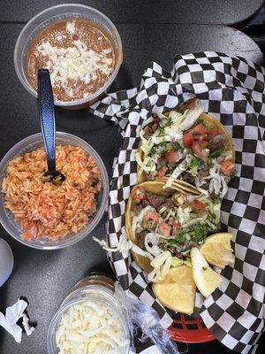 2 tacos rice ans beans plate