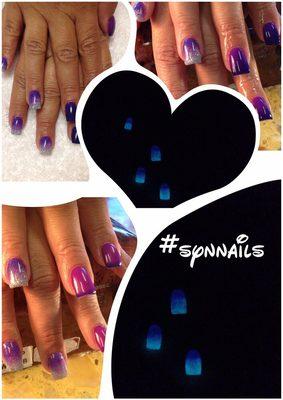 Glow in the dark ombré with silver glow in the dark Acrylic with purple mood changing Gel Polish