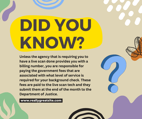 DID YOU KNOW? Unless the agency that requested for you to do a live scan provides a billing number, you are responsible for all GOV. Fees?