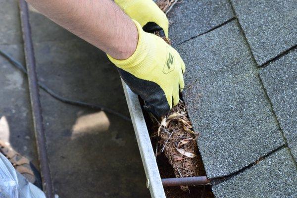 Removing debris from the gutter.