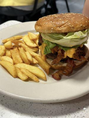 Double bacon cheeseburger with fries