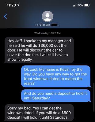 Screen shot of the text conversation with Ariel stating that they would take $36,000 out the door for the car.