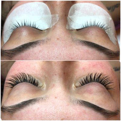 Before and after of eyelash extensions.