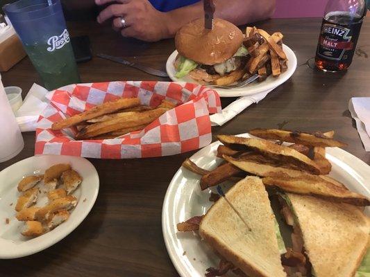 Jack burger, blt and chicken fingers all with hand cut fries fries