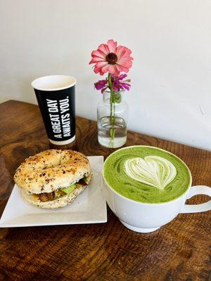 Avocado Bacon Bagel & Matcha