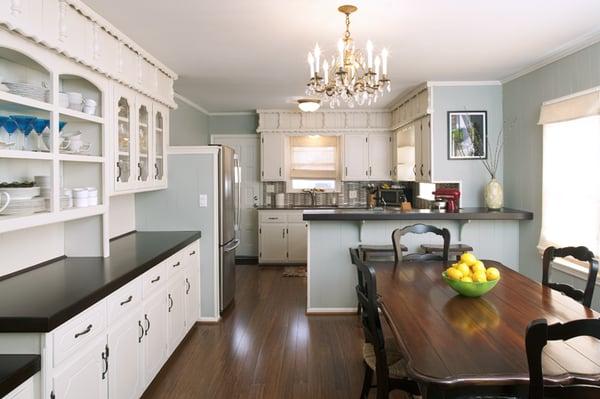 Kitchen makeuver - dark, smoky 70's cabinets were thoroughly cleaned & painted for a fresh update with no remodeling hassle.