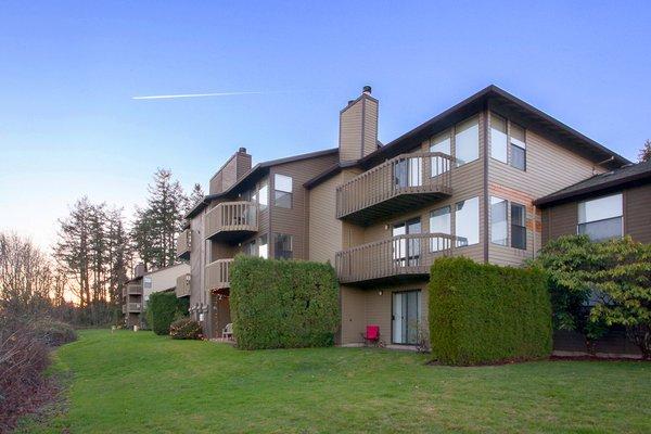 Green grass and lush landscaping surrounds the property