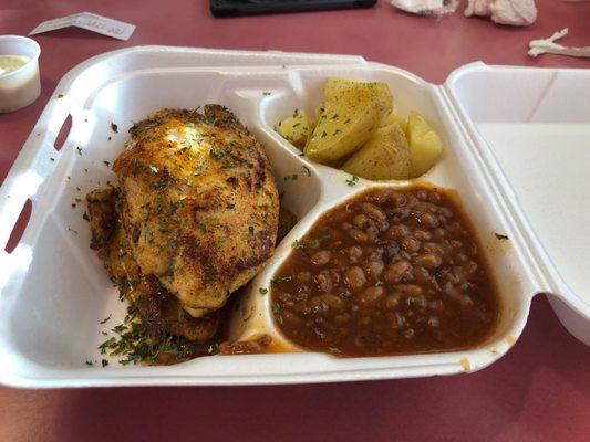 Blackened catfish, baked beans and garlic potatoes..