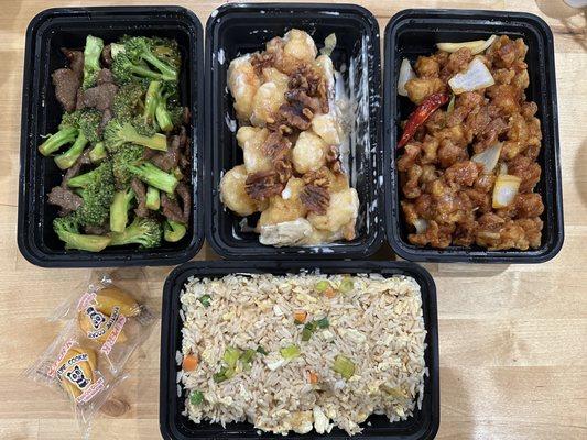 Beef broccoli, walnut shrimp, orange chicken, fried rice