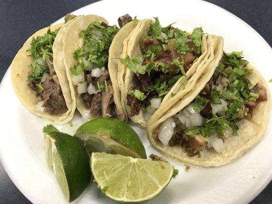 Lengua and carnitas tacos