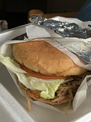 Shredded Pork Sandwich with Lettuce, Tomato and Mayo. Made fresh and husband enjoyed it!