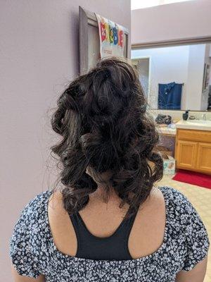 Right side is higher than the left, frizzy all over, curls not even in the back.