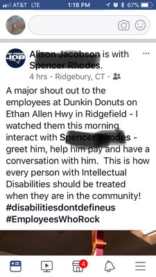 This was posted this morning on FB by a friend. Thank you for making this special needs young man fee valued!