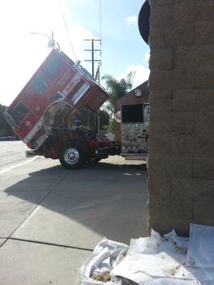 Fire truck under maintenance.