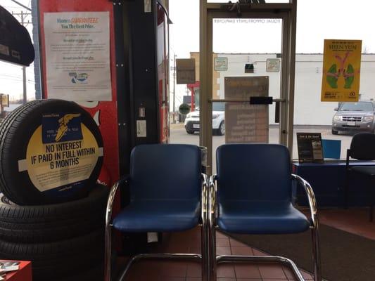 Small waiting area--5 seats and Coke machine but no coffee or Wi-fi