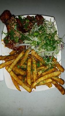 Firecracker wings with bomb dusted fries