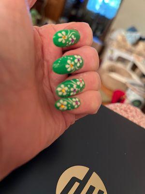 I love my nails today. I'm in the bath and beyond by putting those little colored beads in my flowers.