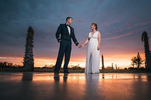 Military wedding in Del Rio, Texas at sunset. Laughlin Air Force Base