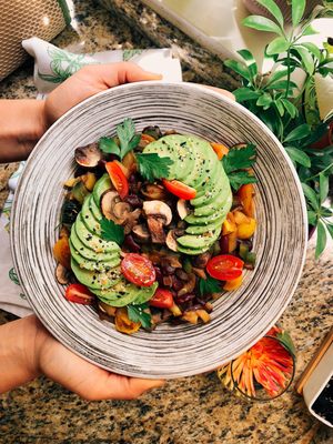 Maple roasted vegetables with sesame avocado