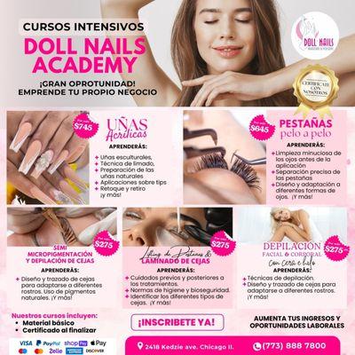 Cursos Dollnails  Uñas acrílicas 
Depilación facial corporal 
Pestañas pelo a pelo
Micropigmentación De cejas