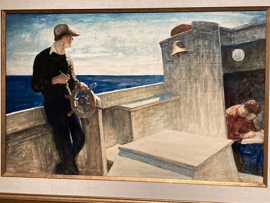 One of NC Wyeth's oil sea paintings, where you can see his son Andrew busy with his art in the boat cabin.