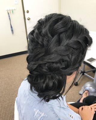 textured, updo, soft and romantic. Braided from inside out to give it a fun feel. Not so "everyone has" side updo. asian hair, asian updo