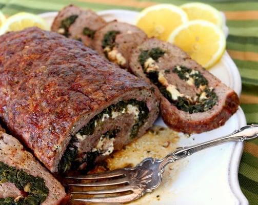 Rolled Greek style spinach, feta meat loaf