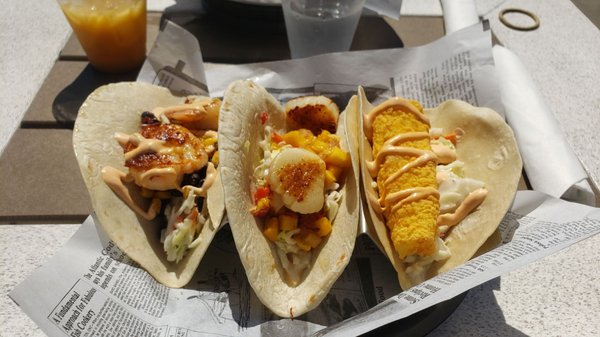 Triple threat tacos! Shrimp, scallop, and fish are all delicious