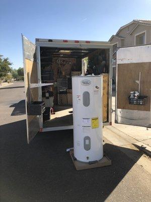 New water heater transported in our fully stocked trucks, ready for installation