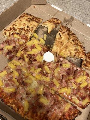 Pizza bread and pineapple, ham and bacon pizza.