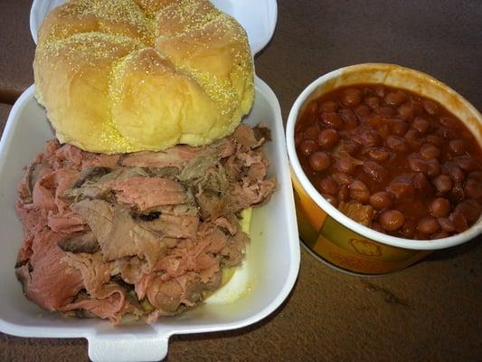 Pit Beef Sandwich with BBQ Beans.  Both tasteless.