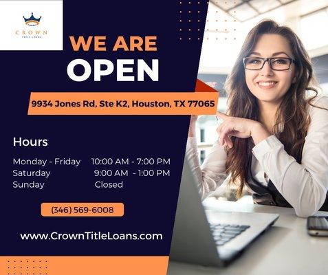 We are open for Business! Car Title Loans Houston