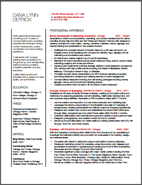 Sample resume with fully customized content and design.