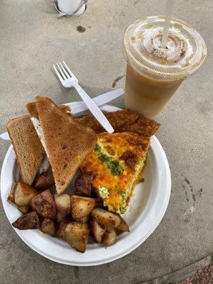 Quiche, iced coffee